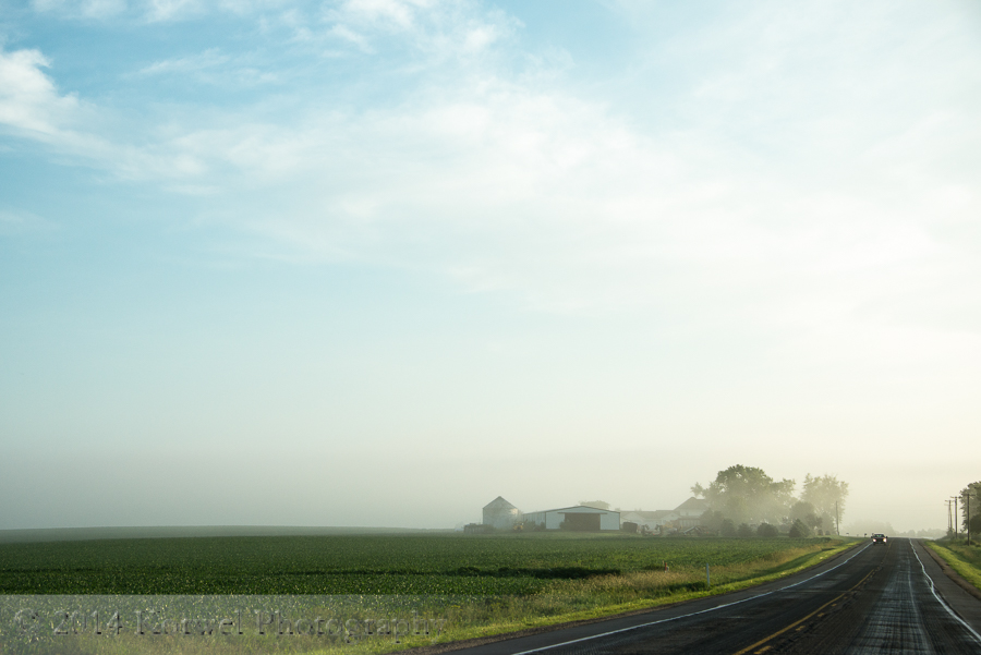 Farm on a foggy morning